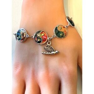 Vintage Yin Yang Abalone Shell Dragonfly Charm Bracelet Silver Tone  7 in